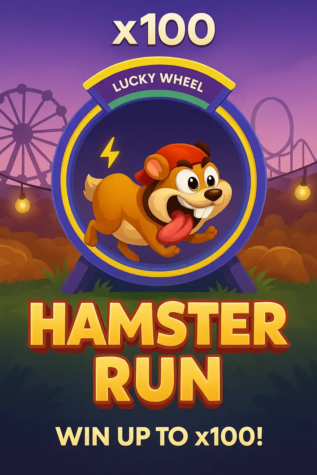 Excited cartoon character spinning on a wheel with colorful fairground in the background