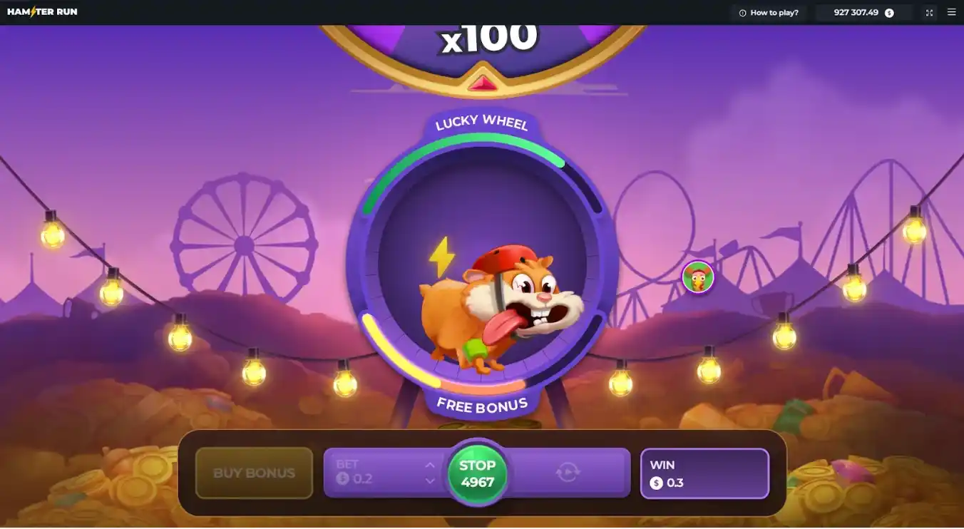 Animated character running on a glowing wheel surrounded by carnival lights and roller coasters