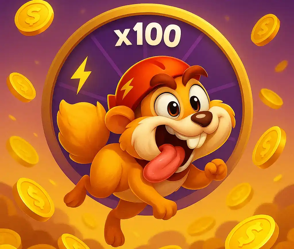 Cartoon character leaping through golden coins with x100 multiplier in a vibrant background